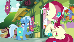 Size: 1280x720 | Tagged: safe, screencap, roseluck, trixie, earth pony, pony, unicorn, g4, season 9, student counsel, cute, cutie mark, duo, duo female, female, flower, flower in hair, frown, glue, grin, lidded eyes, looking at each other, looking at someone, mare, messy, ponyville, raised eyebrow, raised hoof, saddle bag, shrug, sitting, smiling