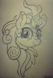 Size: 429x625 | Tagged: safe, artist:artspirit00, autumn blaze, kirin, g4, sounds of silence, bust, female, looking at you, monochrome, quadrupedal, simple background, sketch, traditional art