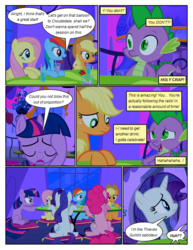 Size: 612x792 | Tagged: safe, artist:newbiespud, edit, edited screencap, screencap, applejack, fluttershy, pinkie pie, rainbow dash, rarity, spike, twilight sparkle, dragon, earth pony, pegasus, pony, unicorn, comic:friendship is dragons, g4, angry, annoyed, cocktail, comic, dialogue, eyes closed, facehoof, female, freckles, hat, looking up, male, mane seven, mane six, mare, screencap comic, slit pupils, unicorn twilight, whistling, worried