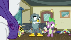 Size: 1920x1080 | Tagged: safe, screencap, gabby, rarity, spike, dragon, griffon, pony, dragon dropped, g4, female, food, gem, ice cream, male, mare, quadrupedal, winged spike, wings