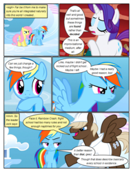 Size: 612x792 | Tagged: safe, artist:newbiespud, edit, edited screencap, screencap, dumbbell, fluttershy, rainbow dash, rarity, pegasus, pony, unicorn, comic:friendship is dragons, g4, sonic rainboom (episode), angry, annoyed, book, clothes, comic, dialogue, eyes closed, female, frown, golden oaks library, hat, male, mare, raised hoof, screencap comic, scroll, sigh, stallion, weather factory uniform