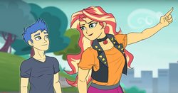 Size: 1600x838 | Tagged: safe, artist:kul, flash sentry, sunset shimmer, equestria girls, g4, my little pony equestria girls: better together, female, geode of empathy, height difference, magical geodes, male, manatsu no yo no inmu, pointing, ship:flashimmer, shipping, size difference, straight, this will not end well