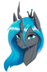 Size: 1723x2610 | Tagged: safe, artist:mrscroup, queen chrysalis, changeling, changeling queen, g4, beautiful, bust, crown, cute, cutealis, fangs, female, jewelry, portrait, pretty, quadrupedal, regalia, simple background, smiling, solo, transparent background