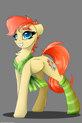 Size: 2000x3000 | Tagged: safe, artist:skitsroom, derpibooru exclusive, oc, oc only, oc:rusty gears, earth pony, pony, clothes, cute, cutie mark, female, gray background, high res, mare, simple background, smiling, socks, solo, striped socks