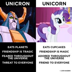 Size: 1080x1080 | Tagged: source needed, safe, rarity, pony, unicorn, g4, official, clash of hasbro's titans, comparison, know the difference, meme, name pun, title drop, transformers, unicorn-unicron confusion, unicron