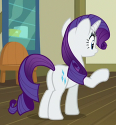 Size: 407x439 | Tagged: safe, screencap, rarity, pony, unicorn, dragon dropped, g4, butt, cropped, female, mare, open mouth, plot, raised hoof, solo