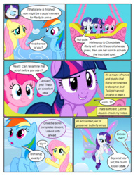 Size: 612x792 | Tagged: safe, artist:newbiespud, edit, edited screencap, screencap, fluttershy, pinkie pie, rainbow dash, rarity, twilight sparkle, earth pony, pegasus, pony, unicorn, comic:friendship is dragons, g4, artificial wings, augmented, cloud, comic, confused, dialogue, female, flying, grin, hot air balloon, lidded eyes, looking down, looking up, magic, magic wings, mare, raised hoof, screencap comic, smiling, unicorn twilight, wings