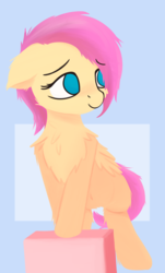 Size: 903x1500 | Tagged: safe, artist:rhythmpixel, fluttershy, pegasus, pony, g4, alternate hairstyle, belly button, blushing, chest fluff, female, floppy ears, folded wings, looking away, mare, no pupils, short mane, smiling, solo, three quarter view, turned head, wings