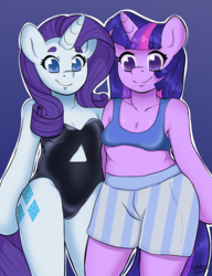 Size: 2000x2600 | Tagged: safe, artist:leslers, rarity, twilight sparkle, unicorn, anthro, g4, arm hooves, clothes, cutie mark, high res, hind legs, one-piece swimsuit, swimsuit