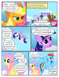 Size: 612x792 | Tagged: safe, artist:newbiespud, edit, edited screencap, screencap, applejack, compass star, fluttershy, pinkie pie, rainbow dash, rainbow swoop, rarity, spectrum, sunshower raindrops, twilight sparkle, earth pony, pegasus, pony, unicorn, comic:friendship is dragons, g4, artificial wings, augmented, background pony, cloudsdale, comic, dialogue, female, flying, freckles, hat, looking down, looking up, magic, magic wings, male, mane six, mare, screencap comic, stallion, unicorn twilight, wings, worried