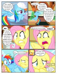 Size: 612x792 | Tagged: safe, artist:newbiespud, edit, edited screencap, screencap, applejack, fluttershy, rainbow dash, earth pony, pegasus, pony, comic:friendship is dragons, g4, annoyed, arm behind head, bed, clothes, comic, confused, dialogue, female, flying, frown, gritted teeth, hard hat, mare, puffy cheeks, relaxing, sad, screencap comic, weather factory uniform