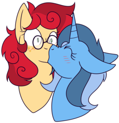 Size: 1923x1989 | Tagged: safe, artist:bitsandbees, oc, oc:apple berry, oc:twinkle mint, earth pony, pony, unicorn, icey-verse, blushing, bust, ear piercing, earring, female, freckles, jewelry, kiss on the lips, kissing, lesbian, magical lesbian spawn, mare, oc x oc, offspring, parent:applejack, parent:minuette, parent:strawberry sunrise, parent:trixie, parents:applerise, parents:minixie, piercing, shipping, simple background, transparent background, ych result