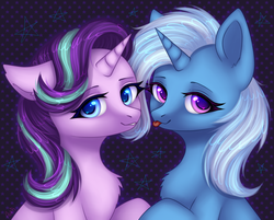 Size: 2246x1810 | Tagged: safe, artist:avrameow, starlight glimmer, trixie, pony, unicorn, g4, :p, chest fluff, duo, female, floppy ears, heart eyes, lidded eyes, looking at you, mare, smiling, tongue out, wingding eyes