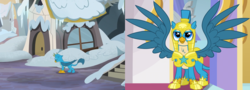 Size: 2000x720 | Tagged: safe, screencap, gallus, griffon, g4, the hearth's warming club, the last problem, armor, awesome, canterlot castle, comparison, crowning moment of awesome, cute, flashback, gallabetes, good end, griffonstone, helmet, homeless, male, older, older gallus, royal guard, royal guard armor, royal guard gallus, solo, spread wings, sweet dreams fuel, wings