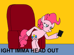 Size: 1324x978 | Tagged: safe, artist:logan jones, pinkie pie, earth pony, pony, g4, bipedal, chair, female, getting up, hoof hold, ight imma head out, meme, ponified meme, remote, spongebob squarepants