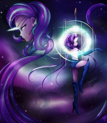 Size: 1920x2208 | Tagged: safe, artist:jenndylyon, starlight glimmer, human, g4, boots, clothes, crossover, cutie mark, female, humanized, magic, sailor moon (series), shoes, solo, space, stars, uniform