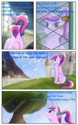 Size: 1950x3102 | Tagged: safe, artist:greenbrothersart, princess cadance, alicorn, butterfly, pony, comic:love is magic, g4, comic, crepuscular rays, female, sitting, smiling, solo, teen princess cadance, teenager, tree
