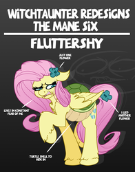 Size: 4000x5100 | Tagged: safe, artist:witchtaunter, part of a set, fluttershy, pegasus, pony, g4, faic, female, flower, mare, meta, open mouth, raised hoof, redesign, sad, scared, shell, solo, turtle shell