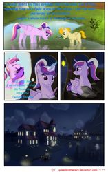 Size: 2166x3447 | Tagged: safe, artist:greenbrothersart, princess cadance, twilight sparkle, oc, oc:sunspot, alicorn, pegasus, pony, comic:love is magic, g4, carriage, comic, diary, female, filly, filly twilight sparkle, high res, hug, mouth hold, net, night, prone, river, stream, teen princess cadance, teenager, water, writing, younger