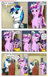 Size: 1950x3102 | Tagged: safe, artist:greenbrothersart, princess cadance, shining armor, twilight sparkle, alicorn, pony, unicorn, comic:love is magic, g4, blushing, clothes, comic, crossed hooves, dress, eye contact, female, filly, filly twilight sparkle, head shake, looking at each other, male, ship:shiningcadance, shipping, straight, teen princess cadance, teenager, unicorn twilight, younger