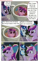 Size: 1950x3102 | Tagged: safe, artist:greenbrothersart, princess cadance, shining armor, twilight sparkle, alicorn, pony, unicorn, comic:love is magic, g4, clothes, comic, cup, dress, drinking, female, filly, filly twilight sparkle, male, night, party, table, teen princess cadance, teenager, unicorn twilight, younger