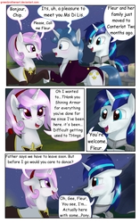Size: 1950x3102 | Tagged: safe, artist:greenbrothersart, fancypants, fleur-de-lis, shining armor, pony, unicorn, comic:love is magic, g4, clothes, comic, dress, eye contact, female, floppy ears, looking at each other, male, night, party, tail wrap, teenager