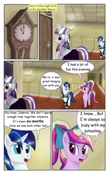 Size: 1950x3102 | Tagged: safe, artist:greenbrothersart, princess cadance, shining armor, twilight sparkle, twilight velvet, alicorn, pony, unicorn, comic:love is magic, g4, clothes, comic, dress, female, filly, filly twilight sparkle, grandfather clock, male, mare, sleeping, teen princess cadance, teenager, unicorn twilight, younger
