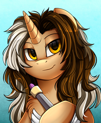 Size: 1446x1764 | Tagged: safe, artist:pridark, oc, oc only, oc:blade trail, pony, unicorn, bust, commission, looking at you, portrait, smiling, solo, sword, weapon