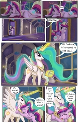 Size: 1950x3102 | Tagged: safe, artist:greenbrothersart, princess cadance, princess celestia, alicorn, pony, comic:love is magic, g4, bed, comforting, comic, crying, duo, duo female, female, hug, hungry, mare, night, present, prone, stomach noise, teen princess cadance, teenager