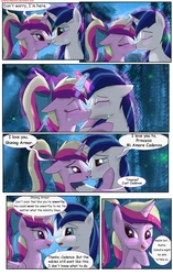 Size: 1950x3102 | Tagged: safe, artist:greenbrothersart, princess cadance, shining armor, alicorn, pony, unicorn, comic:love is magic, g4, blushing, comic, crying, eye contact, female, full moon, kiss on the lips, kissing, looking at each other, male, mare in the moon, moon, night, ship:shiningcadance, shipping, straight, teen princess cadance, teenager