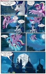 Size: 1950x3102 | Tagged: safe, artist:greenbrothersart, princess cadance, shining armor, alicorn, pony, unicorn, comic:love is magic, g4, canterlot castle, carrying, comic, female, flying, full moon, male, mare in the moon, moon, night, teen princess cadance, teenager