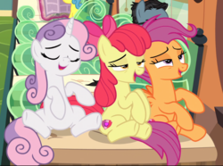 Size: 1021x760 | Tagged: safe, screencap, apple bloom, scootaloo, sweetie belle, earth pony, pegasus, pony, unicorn, g4, growing up is hard to do, cropped, cutie mark, cutie mark crusaders, female, lidded eyes, mare, older, older apple bloom, older cmc, older scootaloo, older sweetie belle, open mouth, sigh, sitting, the cmc's cutie marks, trio focus