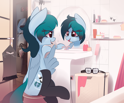 Size: 3043x2515 | Tagged: safe, artist:nevobaster, oc, oc only, oc:delta vee, pegasus, pony, clothes, dress, eye clipping through hair, female, glasses, happy, high res, laundry, lipstick, makeup, mare, mirror, open mouth, sitting, socks, solo, thigh highs, wing hold