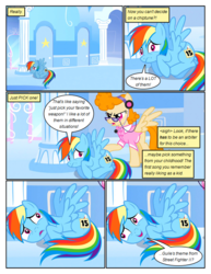Size: 612x792 | Tagged: safe, artist:newbiespud, edit, edited screencap, screencap, lucy packard, rainbow dash, pegasus, pony, comic:friendship is dragons, g4, angry, background pony, clothes, comic, dialogue, female, grin, headset, mare, nervous, nervous smile, raised hoof, scared, screencap comic, sigh, smiling