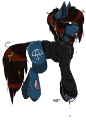 Size: 1629x2341 | Tagged: safe, artist:lrusu, earth pony, pony, undead, zombie, zombie pony, bleeding, blood, bone, bring me the horizon, clothes, commission, dripping blood, leaves, lip piercing, long sleeves, looking at you, male, messy mane, messy tail, oliver sykes, open mouth, piercing, ponified, rainbow blood, scar, shirt, signature, simple background, solo, stallion, stitches, tattoo, tongue out, transparent background