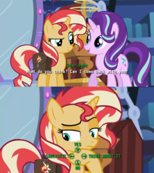 Size: 600x675 | Tagged: safe, edit, edited screencap, screencap, starlight glimmer, sunset shimmer, equestria girls, equestria girls specials, g4, my little pony equestria girls: mirror magic, dialogue, dialogue choices, dialogue edit, dialogue wheel, fallout, fallout 4