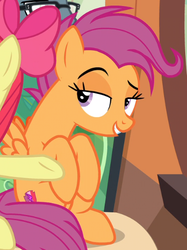 Size: 432x578 | Tagged: safe, screencap, apple bloom, scootaloo, g4, growing up is hard to do, cutie mark, grin, lesbian look, lidded eyes, older, older apple bloom, older scootaloo, sitting, smiling, the cmc's cutie marks