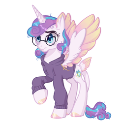 Size: 1567x1569 | Tagged: safe, artist:corporalvortex, artist:polymercorgi, princess flurry heart, alicorn, pony, g4, adorkable, base used, clothes, colored ears, colored hooves, colored wings, cute, dork, ear fluff, female, flurrybetes, glasses, headcanon in the description, hoodie, leonine tail, mare, messy mane, multicolored wings, nerd, nerdy heart, older, older flurry heart, raised hoof, simple background, solo, tail feathers, two toned mane, white background, wings