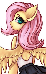 Size: 625x1000 | Tagged: safe, artist:pink-pinktooth, fluttershy, anthro, g4, blushing, clothes, cute, female, looking back, miniskirt, pleated skirt, profile, rear view, shyabetes, simple background, skirt, solo, spread wings, white background, wings