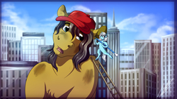 Size: 3840x2160 | Tagged: safe, artist:lupiarts, oc, oc only, oc:eula phi, oc:small block, pegasus, pony, unicorn, cleaning, cotton swab, duo, female, giant pony, hat, high res, ladder, macro, male, mare, stallion