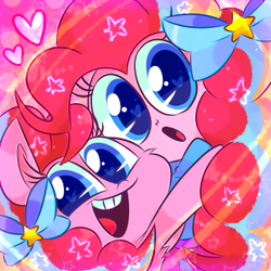 Size: 300x300 | Tagged: safe, artist:vdru7, pinkie pie, human, pony, equestria girls, g4, bow, cute, diapinkes, female, hair bow, heart, heart eyes, hug, human ponidox, looking at you, open mouth, rainbow power, self ponidox, stars, wingding eyes