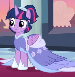 Size: 560x569 | Tagged: safe, screencap, twilight sparkle, alicorn, pony, g4, the last problem, clothes, coronation dress, cropped, dress, female, gown, mare, second coronation dress, solo, twilight sparkle (alicorn), wings