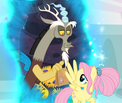 Size: 852x720 | Tagged: safe, screencap, discord, fluttershy, draconequus, pegasus, pony, g4, the last problem, leak, cropped, female, lunch bag, male, mare, older fluttershy, portal, smiling, wings