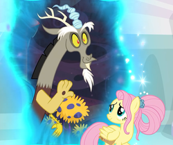 Size: 862x720 | Tagged: safe, screencap, discord, fluttershy, draconequus, pegasus, pony, g4, the last problem, leak, cropped, duo, female, lunch bag, male, mare, older fluttershy, portal, shipping fuel, waving, wings
