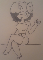 Size: 1606x2212 | Tagged: safe, artist:lightning135, oc, oc only, oc:lightwave, unicorn, anthro, plantigrade anthro, anthro oc, clothes, crossed legs, female, one eye closed, sitting, sketch, solo, tongue out, traditional art, wink