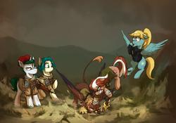 Size: 1481x1039 | Tagged: safe, artist:anticular, oc, oc only, oc:alabaster (fallout equestria: red 36), oc:chipper wind, oc:gabriela hawkins, oc:roulette, oc:sunny hymn, earth pony, griffon, pegasus, pony, unicorn, fallout equestria, fallout equestria: red 36, angry, armor, clothes, concerned, dirt, fanfic art, female, fight, flying, gun, handgun, male, mare, ncr, new canterlot republic, punch, ranger sequoia, revolver, rifle, stallion, uniform, watching, weapon, wings