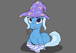 Size: 1280x908 | Tagged: safe, artist:sins-art-place, trixie, pony, g4, :p, chest fluff, clothes, cute, diatrixes, dock, eye clipping through hair, female, gray background, hat, mare, no catchlights, no pupils, prone, simple background, socks, solo, striped socks, tongue out, trixie's hat
