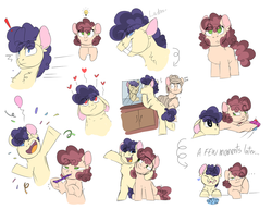 Size: 1280x981 | Tagged: safe, artist:glitterstar2000, oc, oc:blueberry cheesecake sandwich, oc:lemon sugar pie, earth pony, pony, brothers, colt, confetti, cupcake, duo, food, heart, lightbulb, male, mirror, offspring, parent:cheese sandwich, parent:pinkie pie, parents:cheesepie, siblings, simple background, towel, white background
