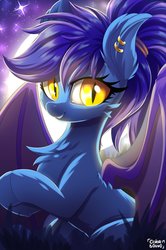 Size: 1361x2048 | Tagged: safe, artist:ask-colorsound, oc, oc only, oc:evening lily, bat pony, pony, bat pony oc, cheek fluff, chest fluff, commission, cute, daaaaaaaaaaaw, ear fluff, ear piercing, female, hooves together, looking at you, moon, night, piercing, ponytail, sitting, smiling, solo, spread wings, stars, wings