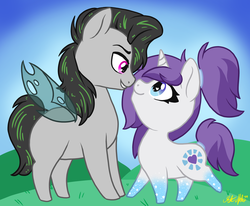 Size: 2636x2176 | Tagged: safe, artist:therealakineko, oc, oc:faulty, oc:indigo wire, changeling, pony, unicorn, changeling hybrid, faultigo, gradient hooves, high res, looking at each other, ponytail, shipping